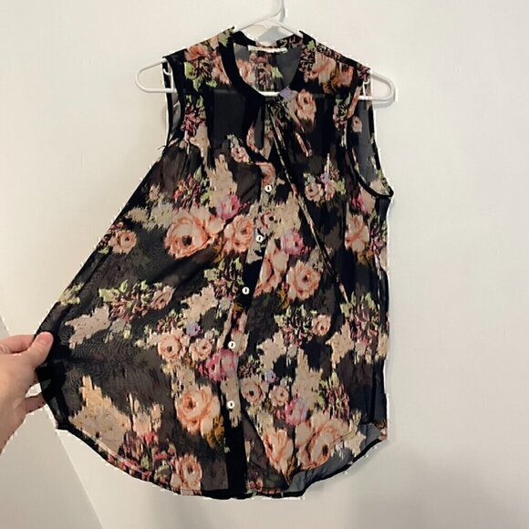 DANIEL RAINN Navy Blue Cream Ivory Multi Floral Tie Neck Button Down Tank Blouse - Picture 7 of 15